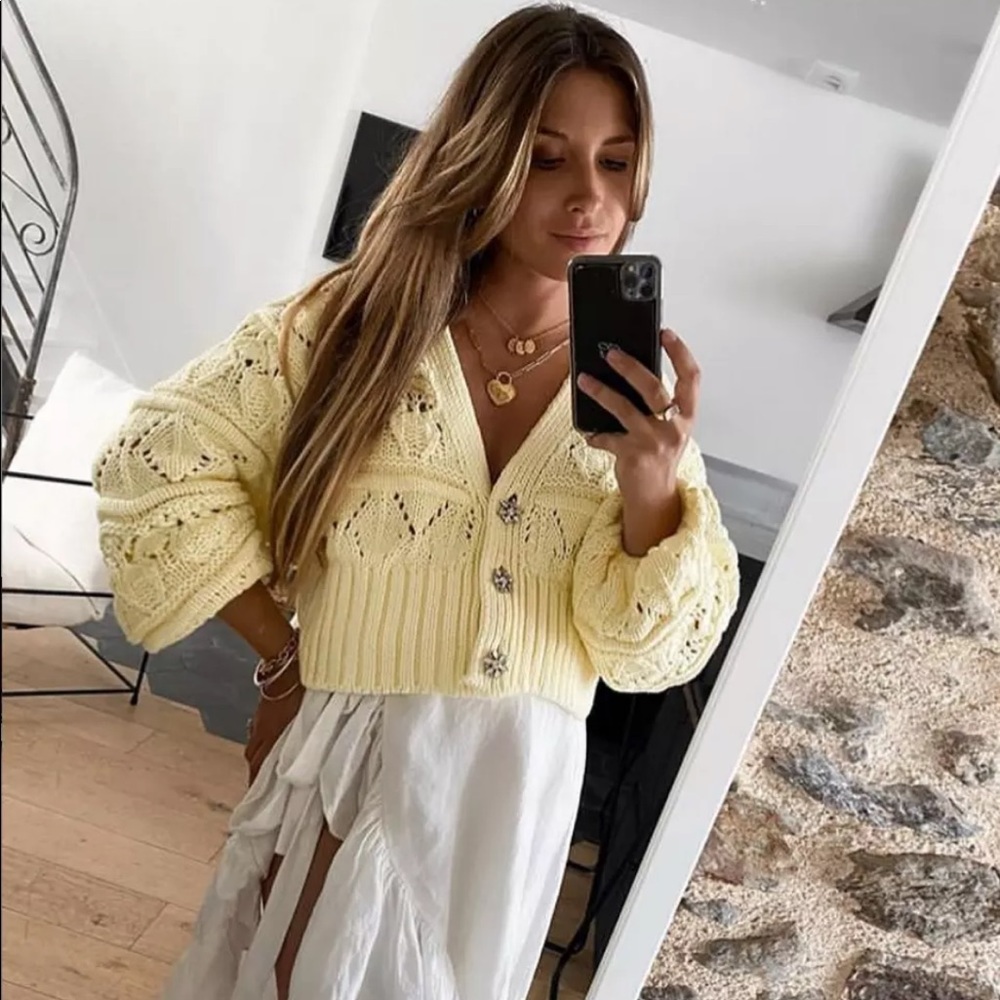 Zara Light Yellow Open Knit Cardigan Sweater